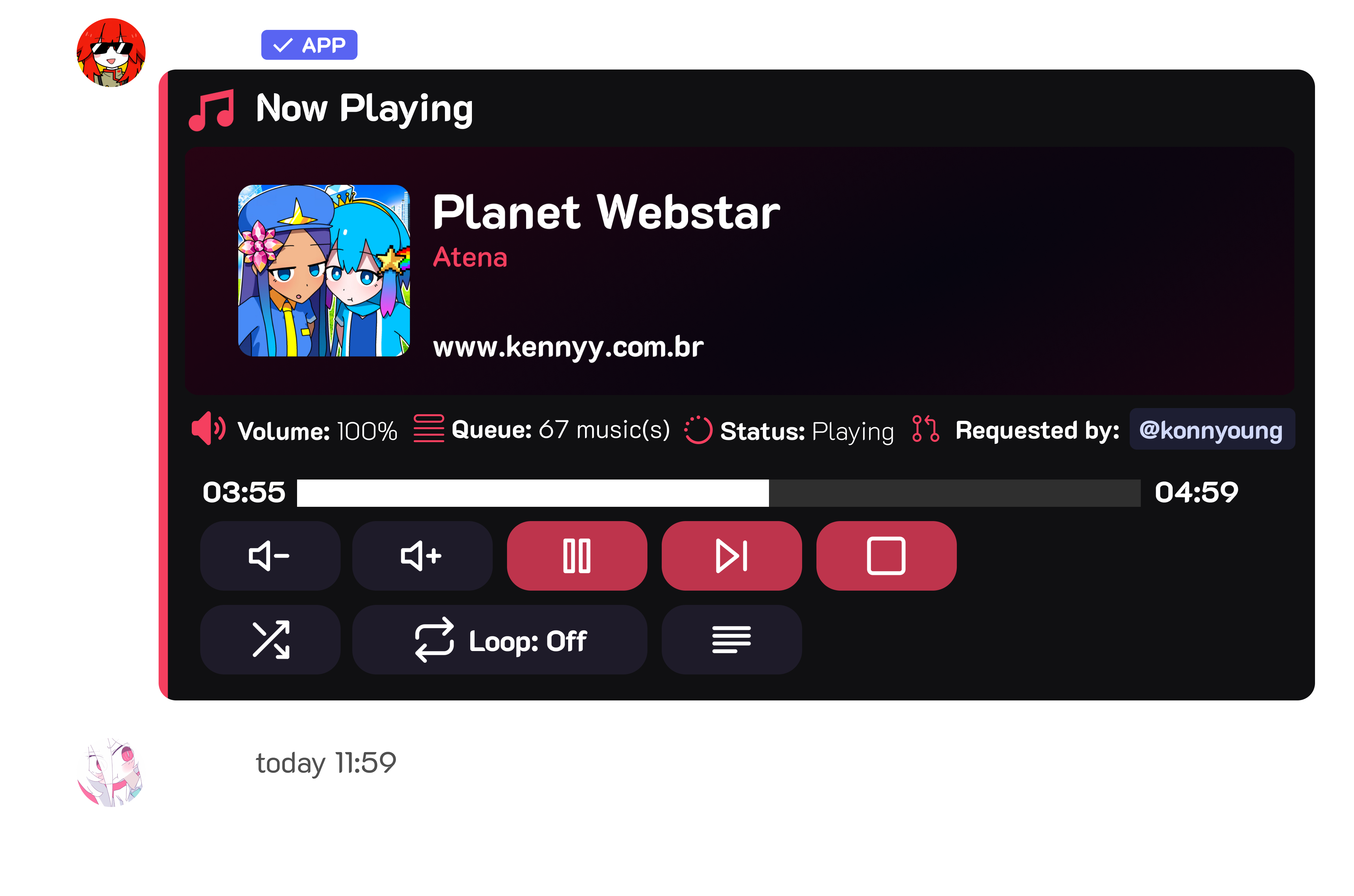 Kennyy Now Playing message in Discord with track information, progress and playback buttons